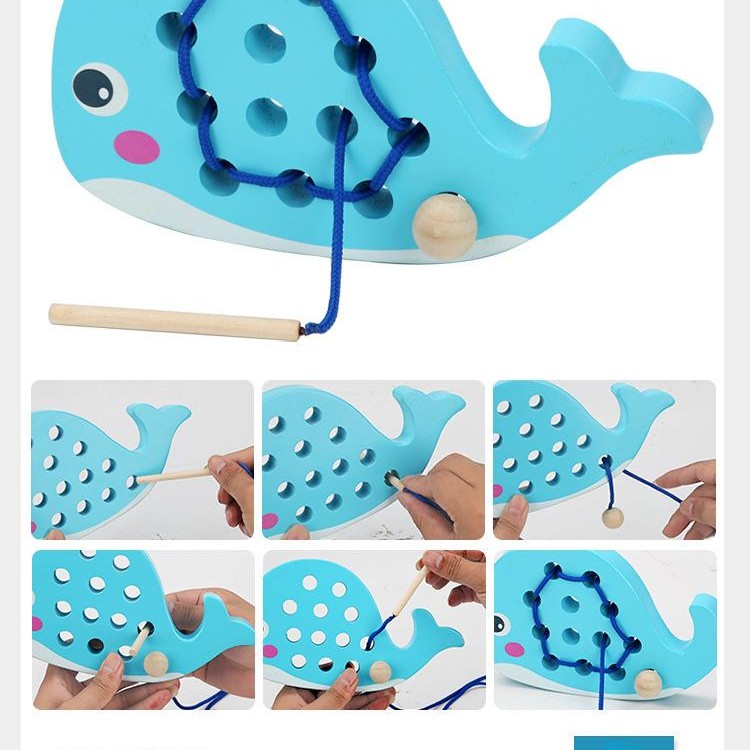 兒童 木製 鯨魚 穿線板 穿線遊戲