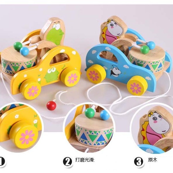 兒童 櫸木 青蛙拖拉 敲鼓車