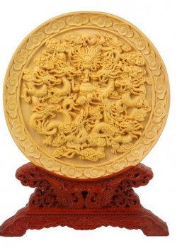 黃楊木 祥龍獻瑞 圓盤擺件