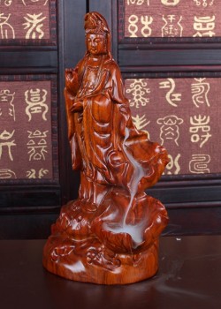 花梨木雕站蓮觀音 倒流香爐