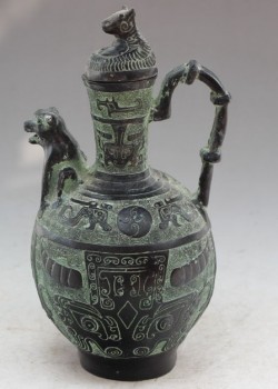 精雕獸頭 酒壺 