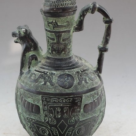 精雕獸頭 酒壺 