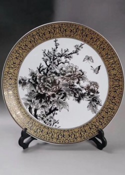 墨彩蝶戀花圖 紋金邊盤 擺件