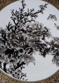 墨彩蝶戀花圖 紋金邊盤 擺件