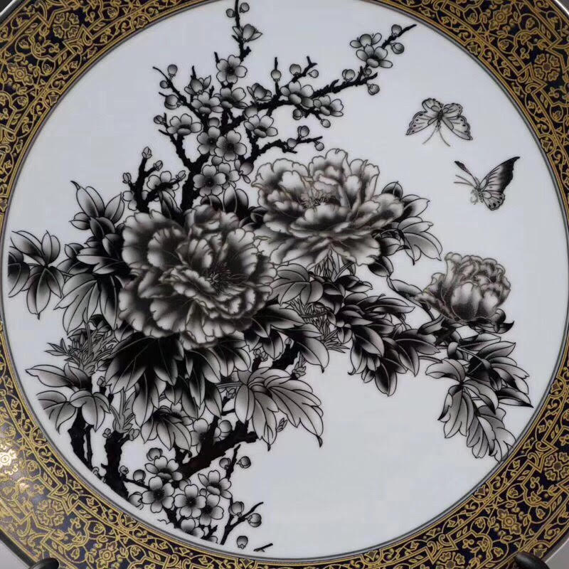 墨彩蝶戀花圖 紋金邊盤 擺件
