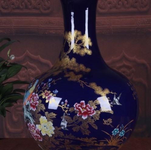 釉藍色 玉蘭花 大花瓶