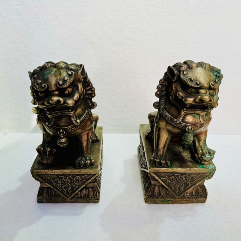 青銅器 銅獅子一對 
