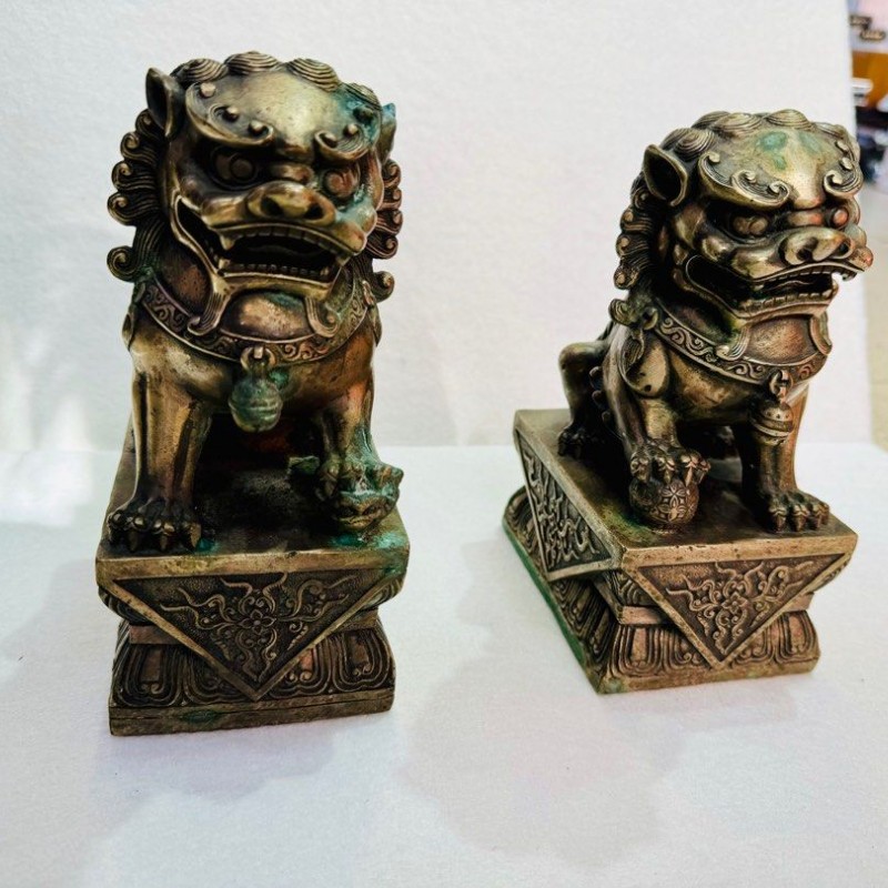 青銅器 銅獅子一對 