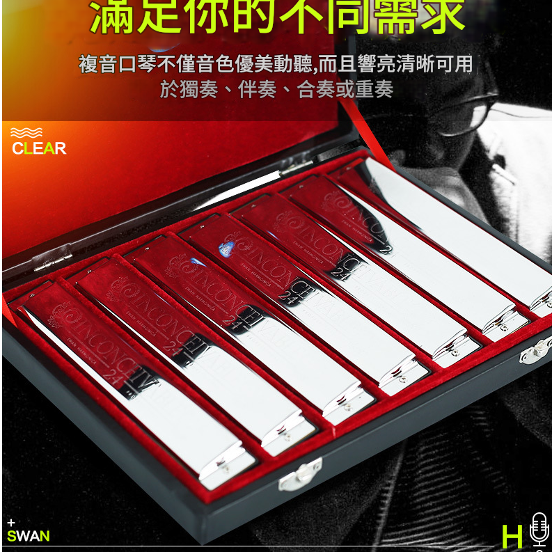 SWAN 天鵝牌 24 孔 高級複音 口琴 12調套裝 Harmonica 一套12個